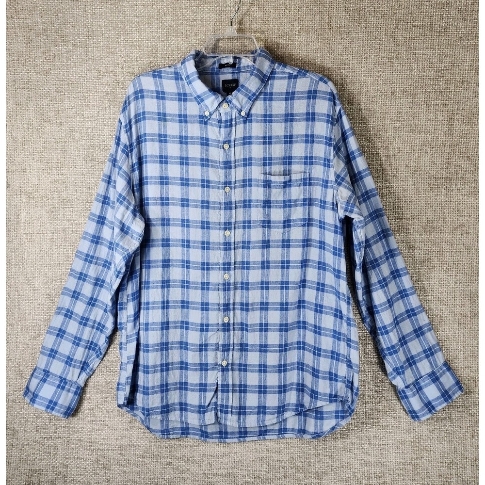 J.Crew Blue Plaid Linen Shirt Mens XL Slim Fit Button‎ Up Long Sleeve Preppy
